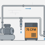 Sơ đồ hệ thống khí nén với máy nén, bộ lọc xả nước và máy sấy khí làm lạnh 75 CFM kèm xả nước ngưng.