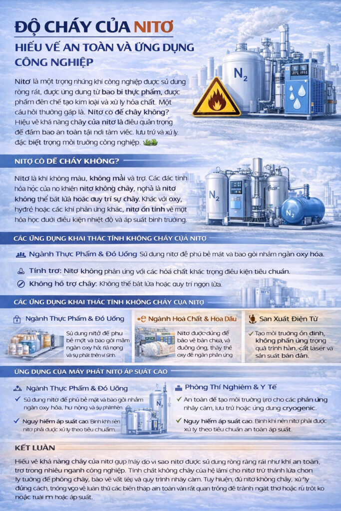 Infographic về tính cháy của nitơ và an toàn sử dụng, nêu nitơ (N₂) là khí trơ không cháy, ứng dụng trong thực phẩm, điện tử, hóa chất/dầu khí, gia công kim loại, phòng thí nghiệm/y tế; cảnh báo rủi ro ngạt, áp suất cao, bỏng lạnh.