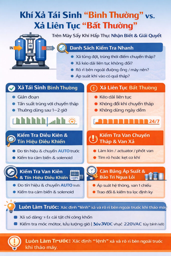 Infographic so sánh xả khí tái sinh “bình thường” và “bất thường” của máy sấy khí hấp thụ, kèm dấu hiệu xả liên tục và checklist từng bước kiểm tra điều khiển, van, gioăng và áp suất hệ thống.