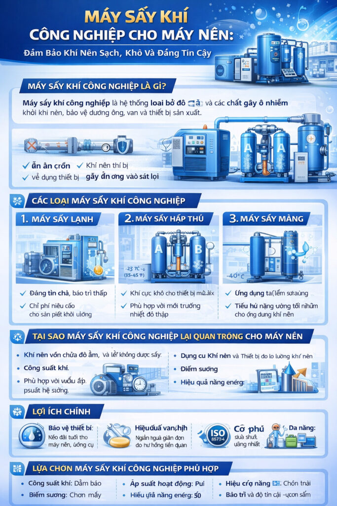 Infographic “Máy sấy khí công nghiệp cho máy nén” so sánh máy sấy lạnh, máy sấy hấp phụ và máy sấy màng, nêu lợi ích (bảo vệ thiết bị, nâng hiệu suất, tiết kiệm năng lượng, khí khô sạch) và ứng dụng trong sản xuất, thực phẩm & đồ uống, dược phẩm, điện tử.