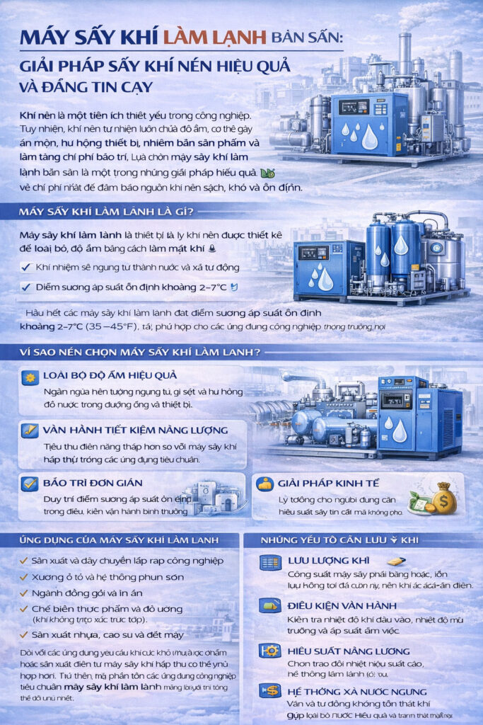Infographic quảng cáo “Máy sấy khí lạnh bán” mô tả nguyên lý làm khô bằng làm lạnh và ngưng tụ, các ứng dụng, tiêu chí chọn mua (lưu lượng, điều kiện khí vào, tiết kiệm năng lượng, độ bền) và nút kêu gọi “Liên hệ ngay”.