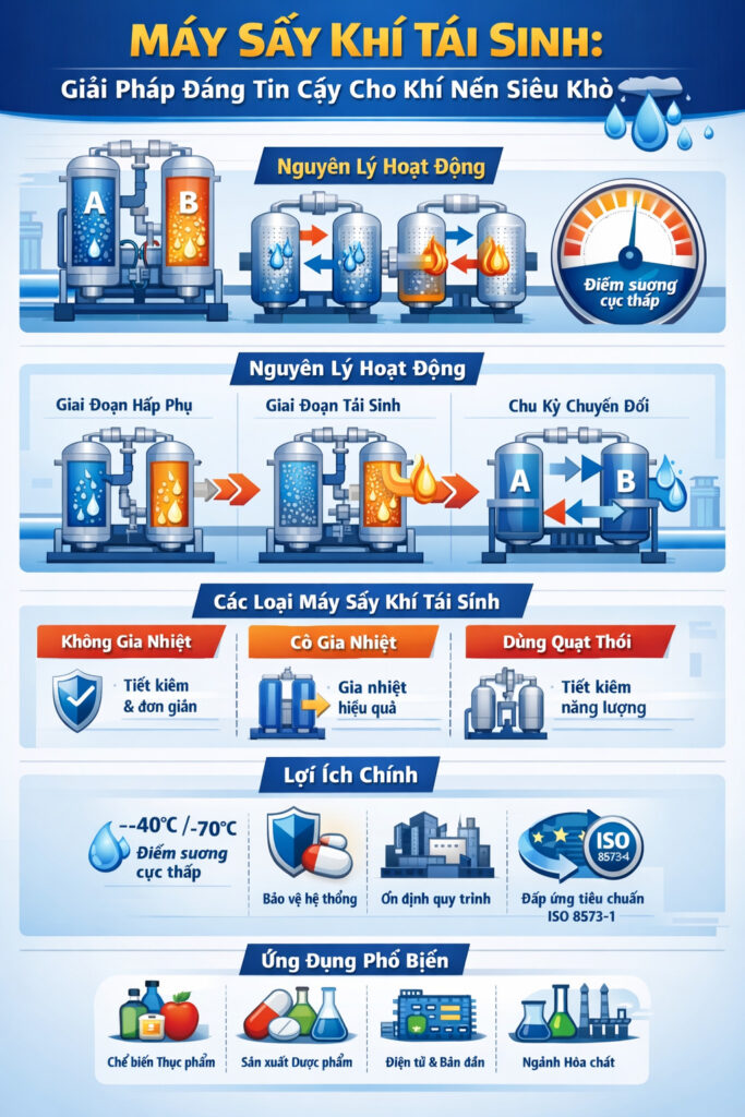 Infographic về máy sấy khí hấp phụ tái sinh, minh họa 2 tháp hút ẩm đạt điểm sương –40°C đến –70°C và các loại: không gia nhiệt, có gia nhiệt, thổi khí purge.