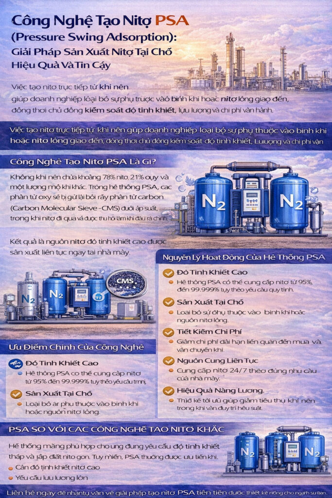 Infographic giải thích công nghệ tạo nitơ bằng phương pháp Pressure Swing Adsorption (PSA), minh họa quy trình hoạt động, độ tinh khiết cao và các ứng dụng công nghiệp.