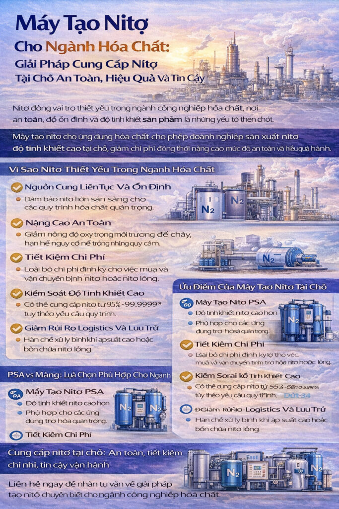 Infographic về máy tạo nitơ cho ngành hóa chất, minh họa ứng dụng inerting bồn chứa, blanketing, làm sạch đường ống và lợi ích sản xuất nitơ tại chỗ an toàn, hiệu quả.