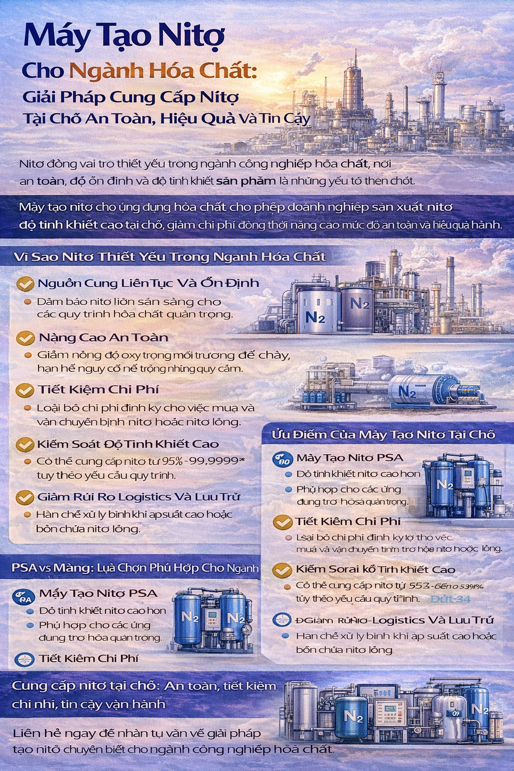 Infographic về máy tạo nitơ cho ngành hóa chất, minh họa ứng dụng inerting bồn chứa, blanketing, làm sạch đường ống và lợi ích sản xuất nitơ tại chỗ an toàn, hiệu quả.