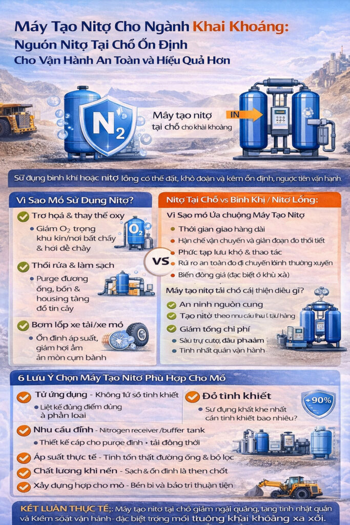 Infographic về máy tạo nitơ cho ngành khai thác mỏ: các ứng dụng (trơ hóa, purge/ thổi rửa, an toàn cháy nổ, bơm lốp, hỗ trợ thiết bị đo), lợi ích N₂ tại chỗ (an toàn hơn, nguồn cung ổn định, giảm chi phí) và checklist chọn độ tinh khiết, lưu lượng, logistics và chất lượng khí nén đầu vào.