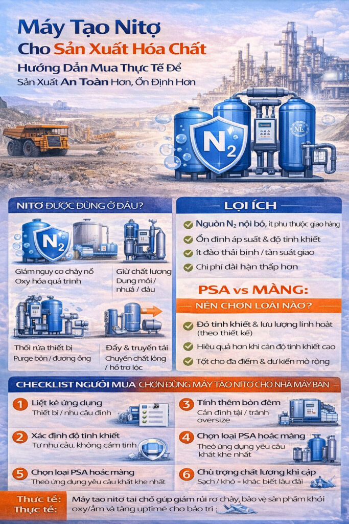 Infographic về máy tạo nitơ cho sản xuất hóa chất: các ứng dụng nitơ trong nhà máy (trơ hóa, phủ nitơ bồn chứa, purge/thổi rửa), so sánh PSA và membrane, lợi ích N₂ tại chỗ và checklist chọn độ tinh khiết, lưu lượng, bình tích, chất lượng khí nén và giám sát.
