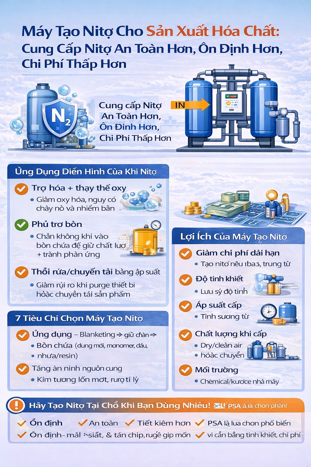 Infographic về máy tạo nitơ cho sản xuất hóa chất: các ứng dụng chính (trơ hóa, phủ nitơ bồn chứa, thổi rửa/purge, chuyển tải), so sánh PSA và membrane, lợi ích (an toàn, nguồn cung ổn định, giảm chi phí) và checklist chọn độ tinh khiết, lưu lượng, áp suất, chất lượng khí nén và bình tích.
