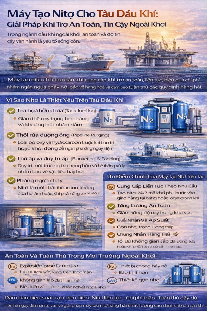Infographic về máy tạo nitơ cho tàu dầu khí, minh họa quy trình sản xuất nitơ trên tàu, inerting bồn chứa, làm sạch đường ống và lợi ích cung cấp khí trơ an toàn ngoài khơi.