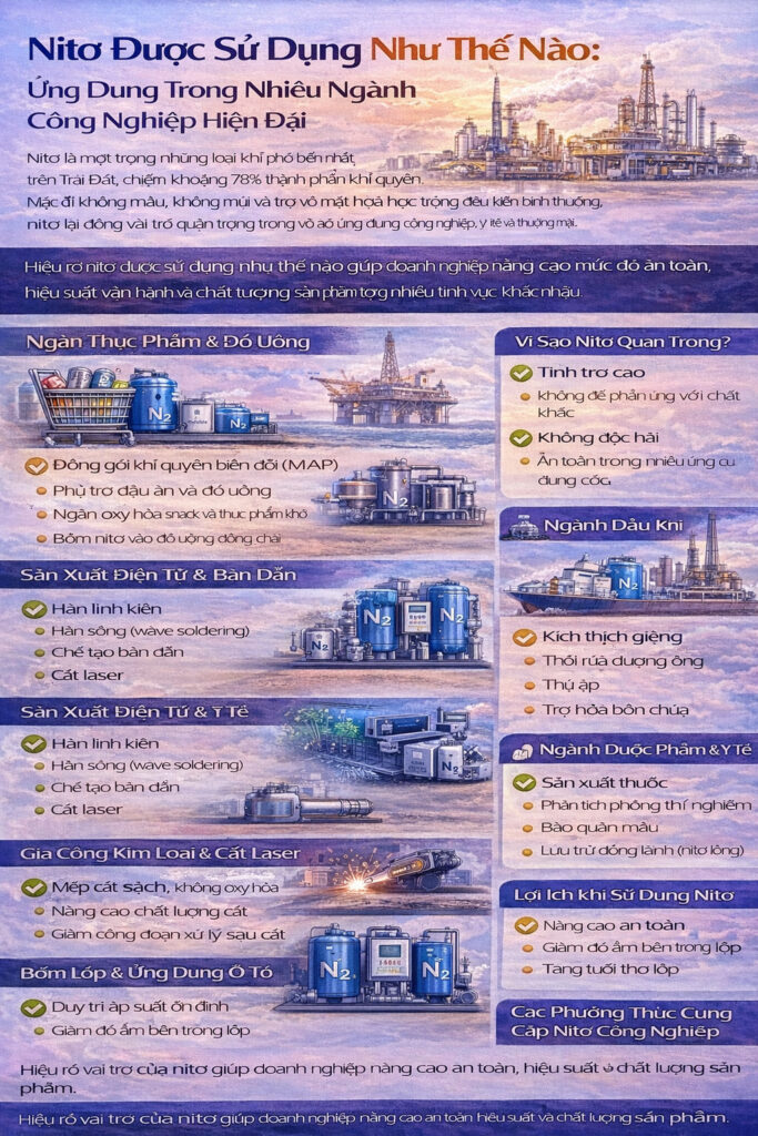 Infographic minh họa cách nitơ được sử dụng trong nhiều ngành như thực phẩm, hóa chất, dầu khí, điện tử, dược phẩm, gia công kim loại và ô tô.