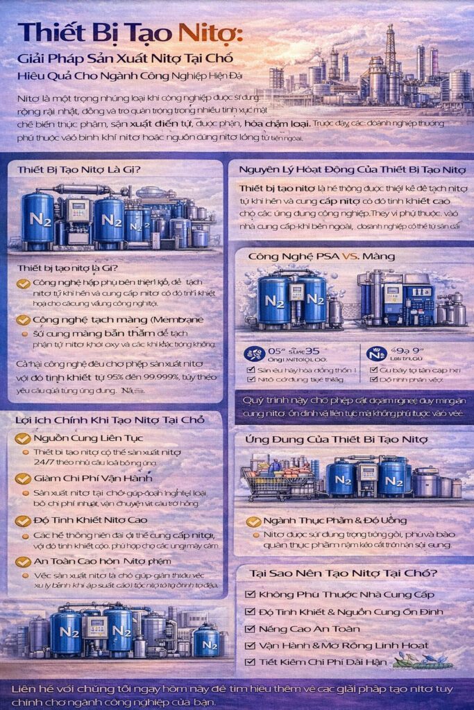 Infographic giải thích hệ thống nitrogen generation unit, nguyên lý hoạt động PSA và ứng dụng khí nitơ trong công nghiệp.